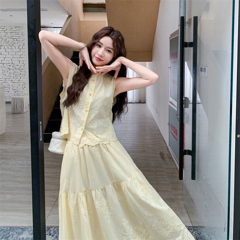 重工刺绣黄色无袖马甲半身裙套装女夏2025新款两件套流行两件套,女装套装/套裙,2C278
