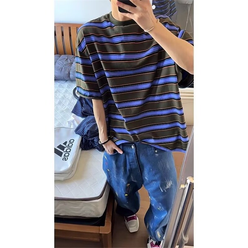 美式条纹短袖T恤男夏季2025新款男生宽松日系半袖上衣潮TWA18-P27，男装T恤，星座208-5