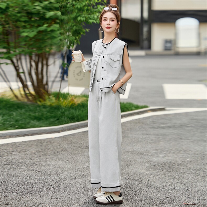 时尚复古牛仔套装女2025夏季新款韩版小个子工装马甲阔腿裤两件套,女装套装/套裙,瑶迪依秀