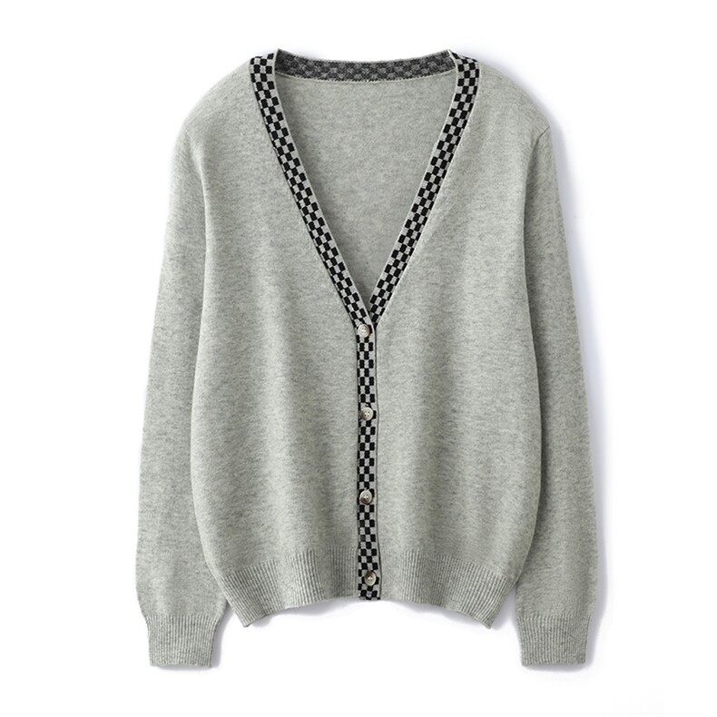 新款秋冬女装宽松显瘦V领长袖单排扣针织开衫，女装针织衫/毛衣，奥千羊绒