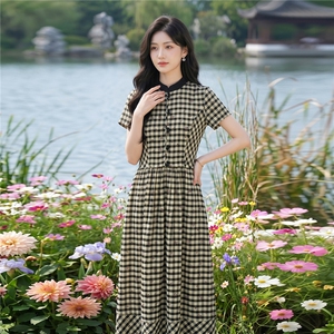 弹力面料学院风格纹连衣裙女春夏收腰显瘦中长裙格子裙子图片