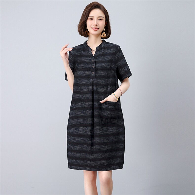 条纹连衣裙女2025夏季新款休闲妈妈裙子,女装连衣裙,忆绮罗