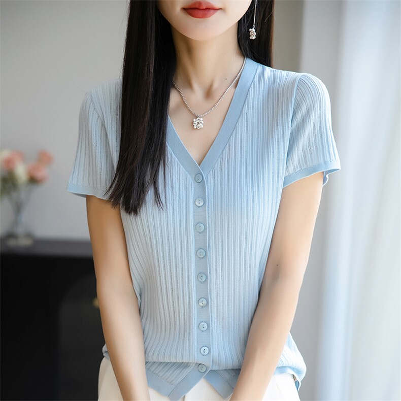 通勤简约V领冰丝短袖针织开衫女2025夏新款轻薄显瘦小衫百搭上衣,女装T恤,佳绒包芯纱店
