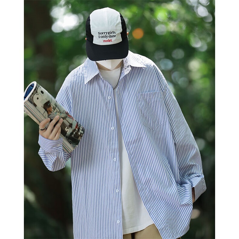 盐系衬衫雾霾蓝轻熟风男装搭配春秋穿搭ins超火服条纹衬衣-C3005,男装衬衫,星座601-2