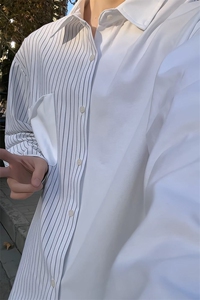 春秋新款韩系拼接条纹衬衫男宽松休闲长袖衬衫打底潮流衬衫特P45图片