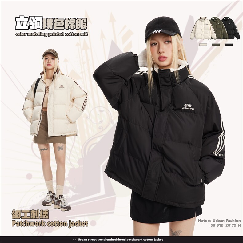 2025冬侧边条纹立领拼色印花棉服-5158模特图控价198,男装棉衣,电商S012（CATTEE）