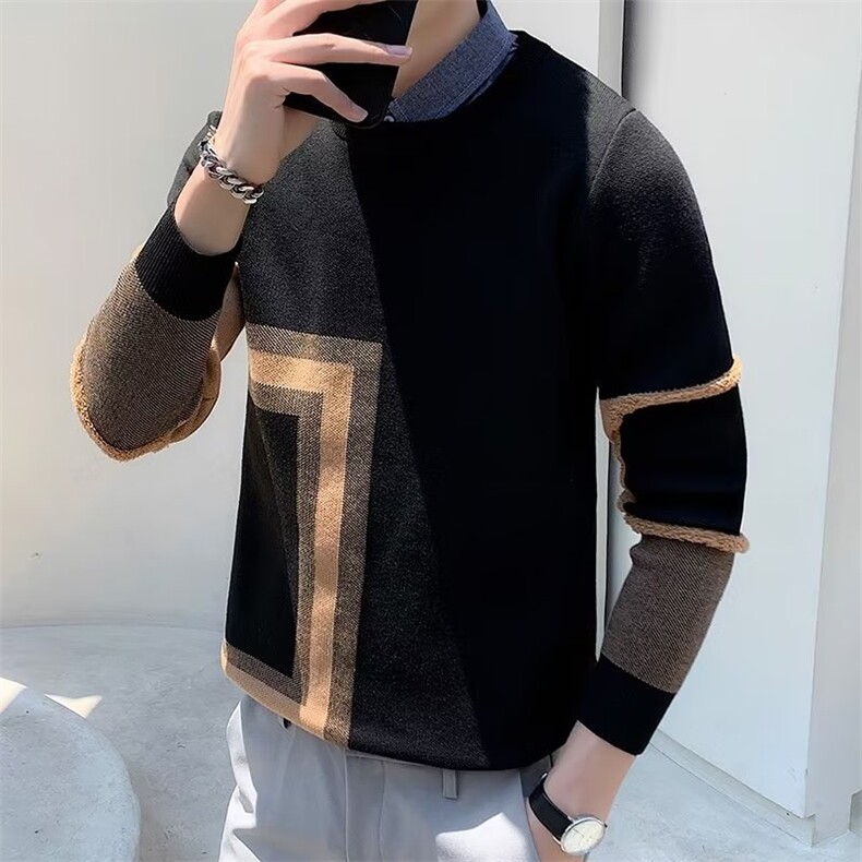 韩版假两件针织衫男士秋冬拼色衬衫领上衣商务轻熟风毛衣M3347,男装针织衫/毛衣,星座1116A-2（原606A-1）