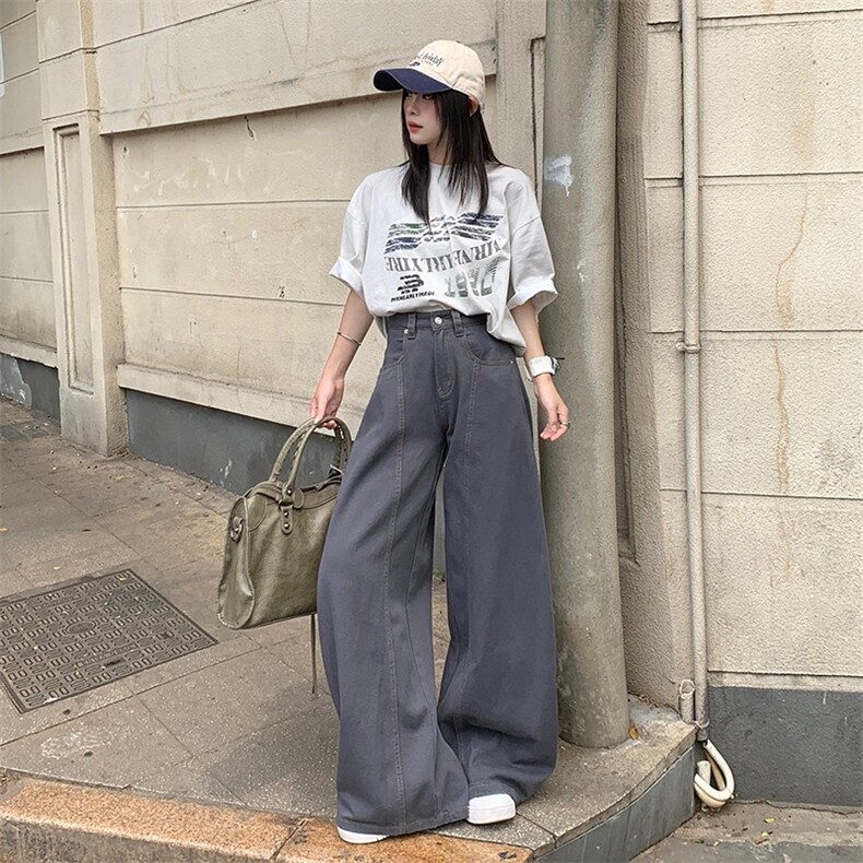 美式复古辣妹深灰色弯刀牛仔裤子图片