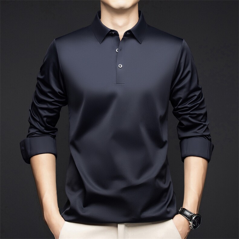 春秋季男士翻领长袖T恤高端免烫POLO衫上衣服新款男装薄款图片