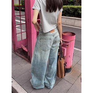 URKR纹理字母烫钻牛仔裤女宽松美式复古阔腿裤子拖地垂感弯刀裤男图片