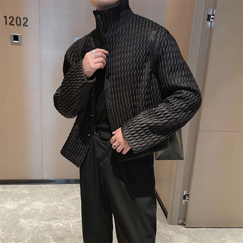 冬季网红高级感褶皱薄款棉衣男韩版立领菱形棉服潮M008-P125控155,男装棉衣,电商B267