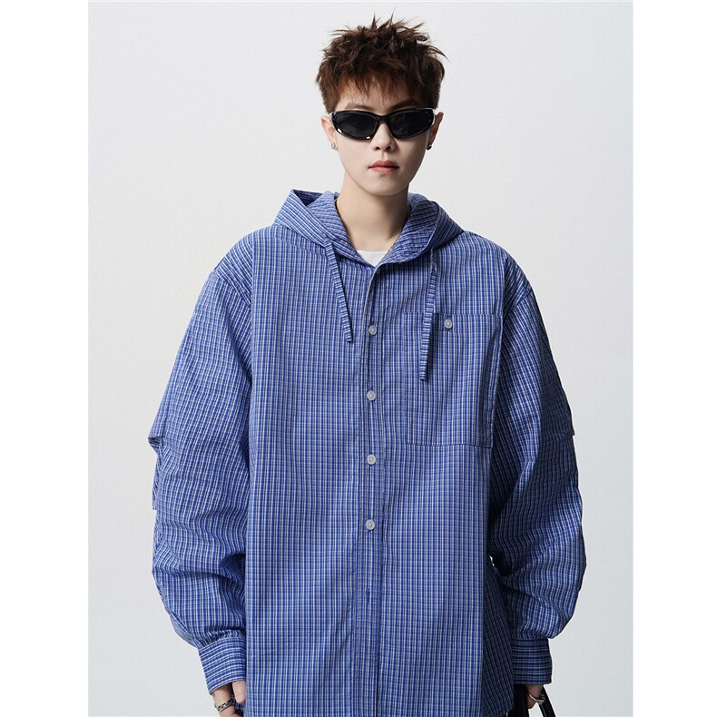 25夏季慵懒连帽休闲宽松弯刀袖薄防晒衣格纹连帽衬衫男H1072P68，男装防晒衣，电商A341