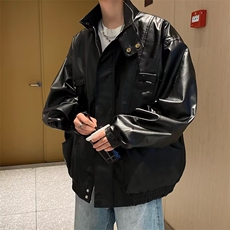 日系痞帅PU皮衣男潮流机车夹克潮牌美式街头立领外套W5455-P65，男装皮衣，星座412-3