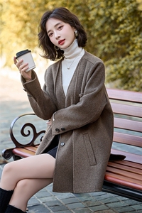 假两件V领双面羊毛外套女秋冬2024新款小个子宽松休闲西装呢大衣图片