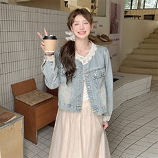 美少女开春牛仔外套女小个子新款浅蓝色韩版夹克上衣蕾丝拼接花边，女装短外套，2C218