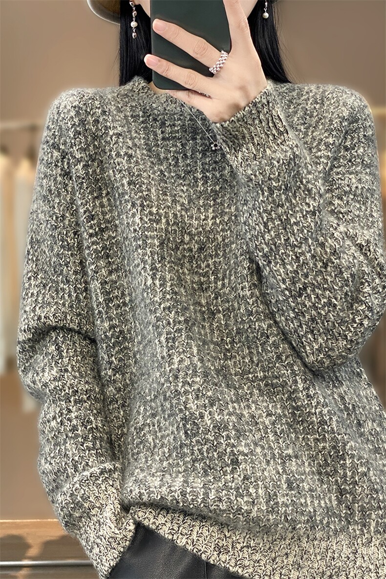 秋冬新款花纱金银丝圆领加厚羊毛毛衫,女装羊毛衫,科源羊绒