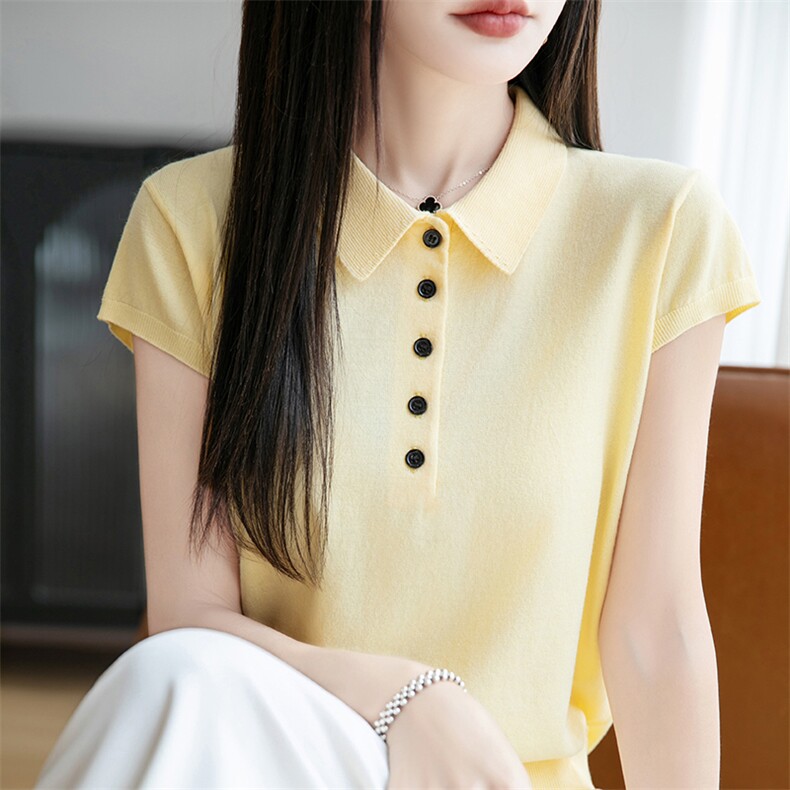 经典翻领扣子POLO衫小飞袖T恤女2025夏季新款气质复古针织短袖t恤,针织衫/毛衣,佰旭羊绒