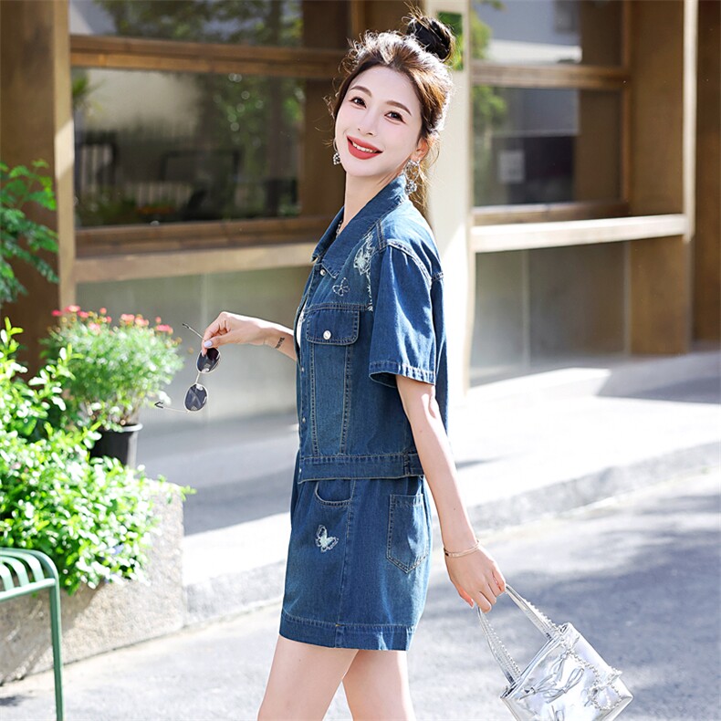 牛仔短裤套装女时尚洋气时髦2025新款夏季薄款刺绣小个子两件套,女装套装/套裙,意芙