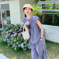韩版俏皮减龄木耳边上衣套装女2025夏季新款宽松显瘦阔腿裤两件套，女装套装/套裙，维壹