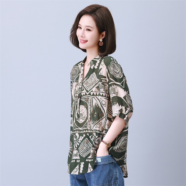 时尚宽松拼接印花镶钻短袖上衣显瘦百搭气质女装衬衫,女装衬衫,叶笙衣
