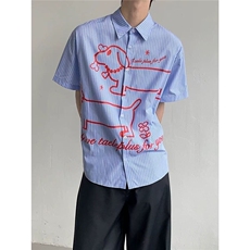 美式腊肠狗条纹衬衫短袖男夏季宽松休闲简约cleanfit高级衬衣，男装T恤，星座601-1