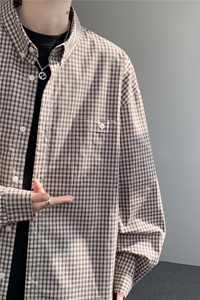 8XL-M miu系穿搭复古蓝格子衬衫男宽松纯棉长袖衬衣男 CS540-P45图片