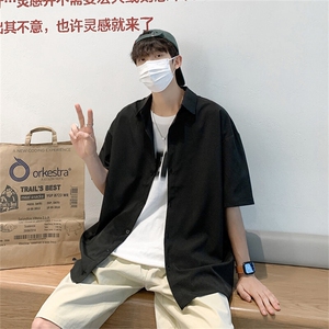 2025夏装黑色痞帅短袖燕尾衬衫男宽松冰丝衬衣 C303P30图片