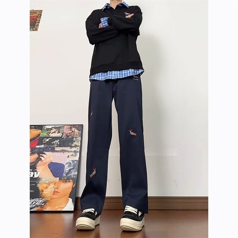 重磅格子拼接刺绣裤子男春秋季腊肠狗设计感宽松微喇直筒阔腿裤子图片