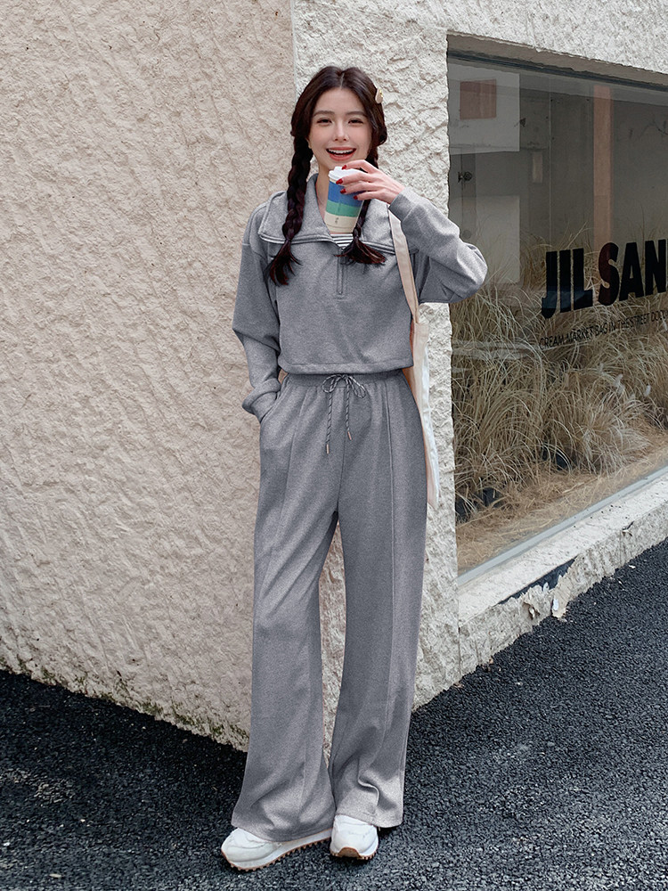 （现货）时尚休闲套装女宽松显瘦翻领卫衣背心阔腿裤三件套潮,女装套装/套裙,韩蔻秀
