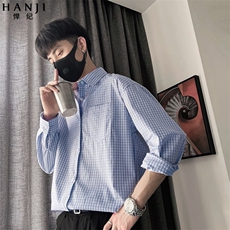 黑白格子衬衫男士日系长袖衬衣，男装衬衫，星座410-7