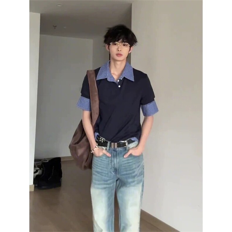 网图有货夏季美式藏青色假两件格子拼接polo领短袖男女A600-P40,男装T恤,星座1505