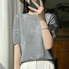 圆领拼色精纺羊毛针织短袖女夏季新款小狗图案半袖T恤宽松打底衫，女装针织衫/毛衣，大美人包芯纱店