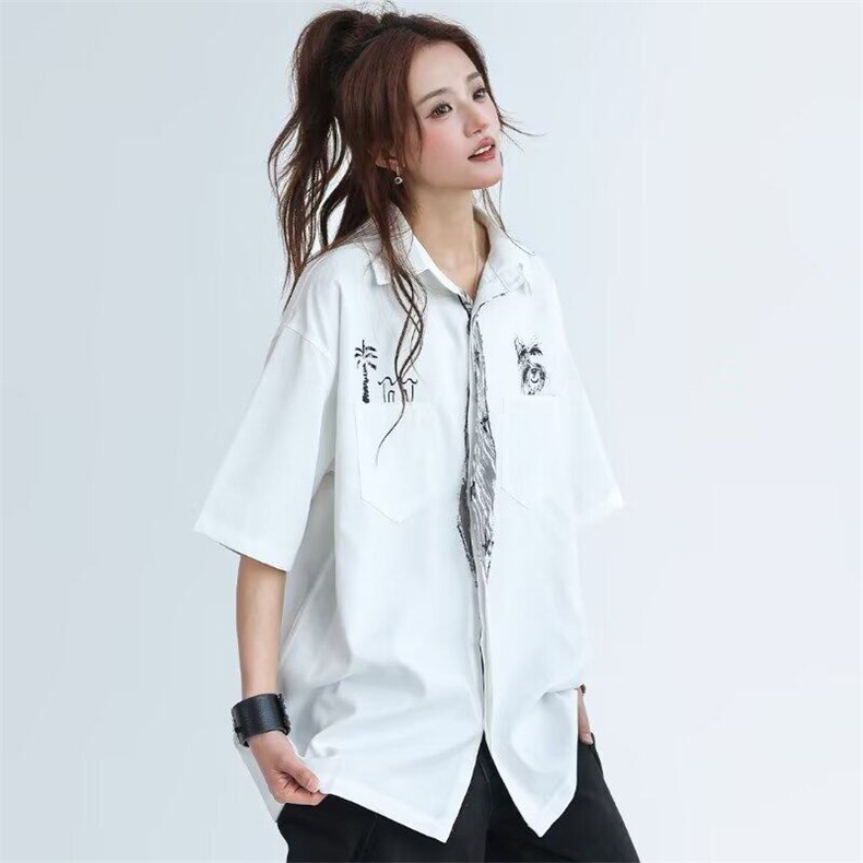 设计感领带涂鸦白色衬衫短袖男女夏季趣味半袖开衫衬衣潮CS384,男装T恤,星座302B-2