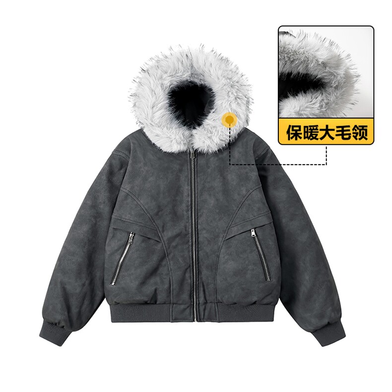 现货 扎染PU皮棉服男冬季加厚连帽棉衣座山雕大毛领外套M090-P120图片