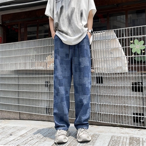 夏季薄款复古格子牛仔裤美式潮流宽松休闲直筒裤图片
