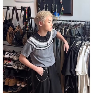 夏季费尔岛针织短袖T恤男复古小领口正肩慵懒风松弛设计感半袖t恤图片