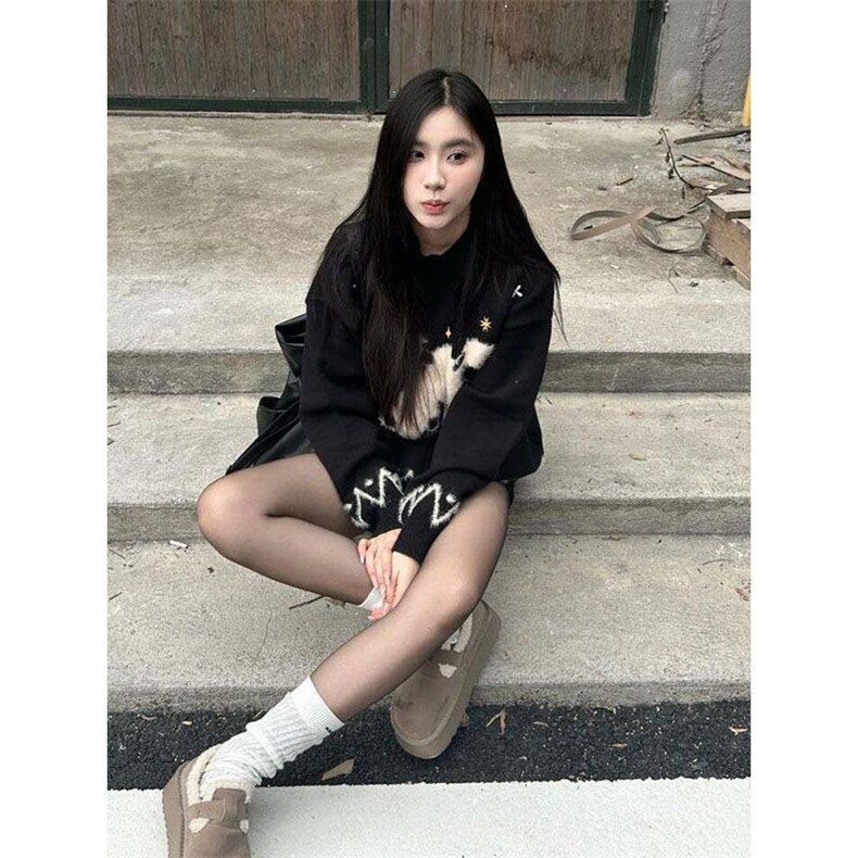 美式甜辣妹高级氛围感小羊提花黑色毛衣女秋冬季百搭圆领针织上衣,男装针织衫/毛衣,星座506A
