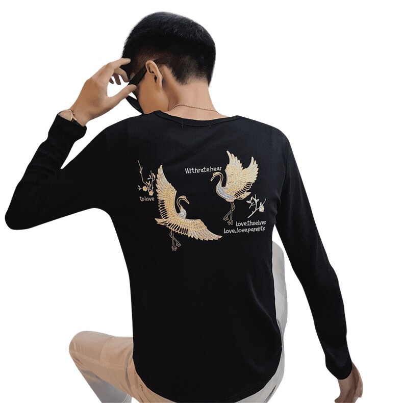 5秋季长袖修身T恤仙鹤刺绣社会小伙韩版潮男打底衫C301B-CT15,男装T恤,电商C301B