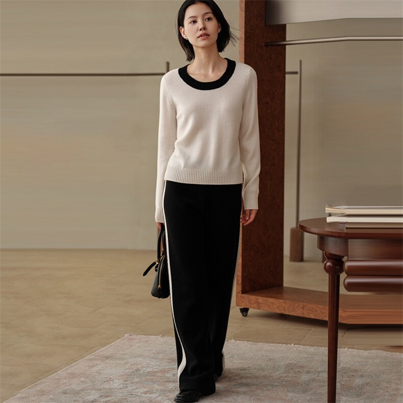 2025秋冬新款羊绒衫女100山羊绒针织衫圆领套衫拼色加厚保暖上衣,女装羊绒衫,绒知纯羊绒