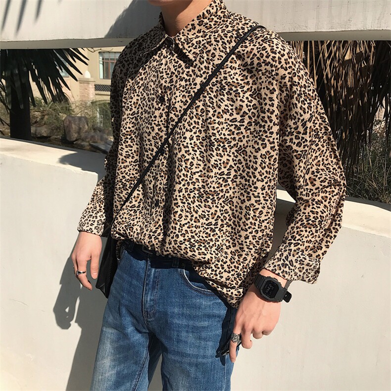 秋季帅气豹纹长袖衬衫男情侣衬衣韩版碎花个性打底衫C60-P55，男装衬衫，四季星座713