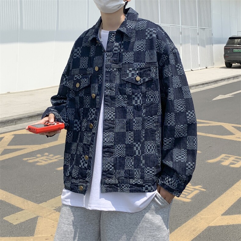 美式棋盘格工装牛仔外套男潮牌秋季复古宽松休闲夹克JK047-P58,男装夹克,星座308B-1