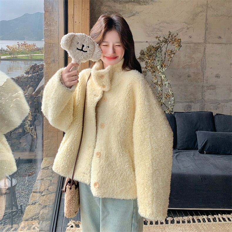 新品现货奶黄色皮毛一体羊羔毛外套2C007-503-P195-K288,女装短外套,2C007