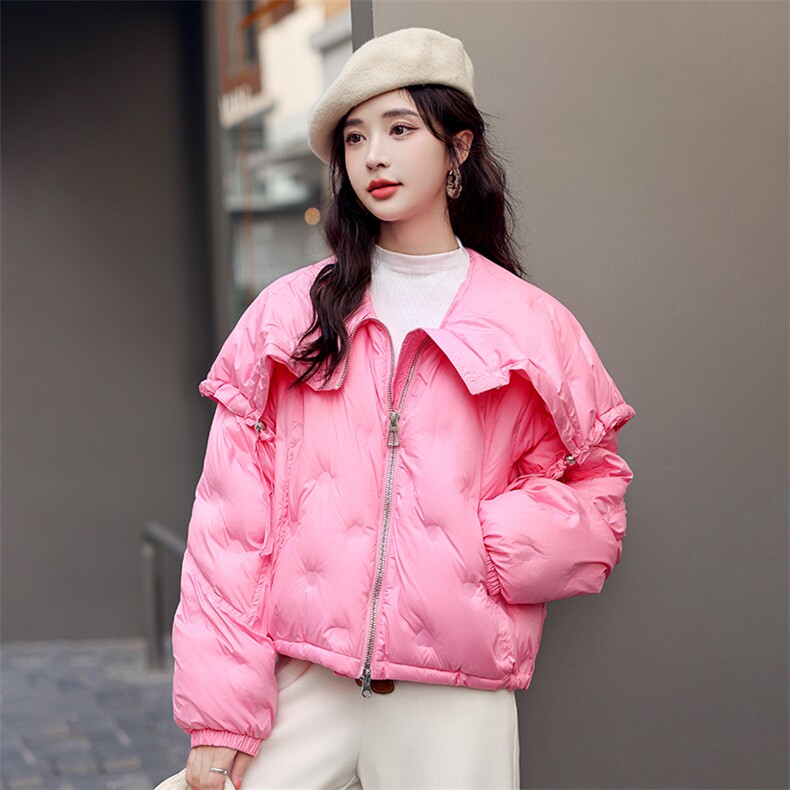 欧货圈圈压花大翻领轻薄羽绒服女2024冬季新款高级感保暖羽绒外套,女装羽绒服,韩蜜菓