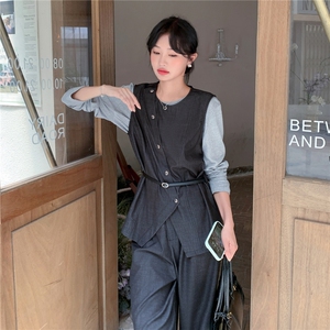 韩系淡人穿搭气质一整套女2025秋季不规则马甲打底衫阔腿裤三件套图片