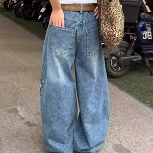 三条杠解构弯刀牛仔裤男女夏季拼接设计感镰刀阔腿长裤AM8056 P58图片