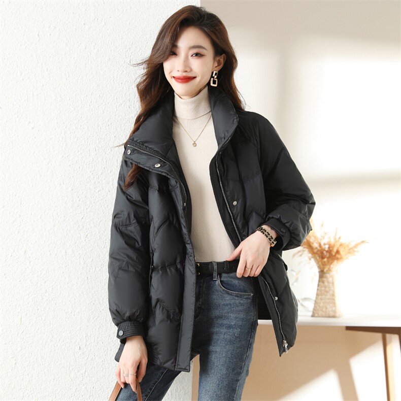 黑色立领羽绒服女2025冬季新款时尚休闲高级感白鸭绒加厚保暖外套,女装羽绒服,梦懿尔
