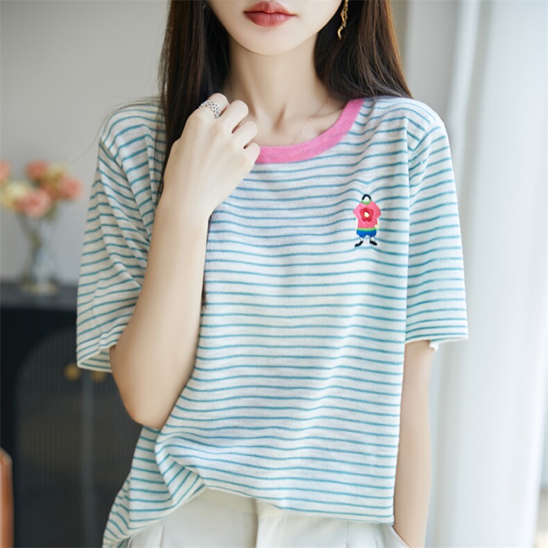 夏季竹节麻针织短袖T恤女圆领条纹刺绣拼色上衣宽松套头半袖打底,女装T恤,菲奥羊绒