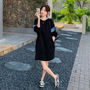 木耳边拼接长袖连衣裙女2024秋季新款设计感小众宽松显瘦卫衣裙潮图片