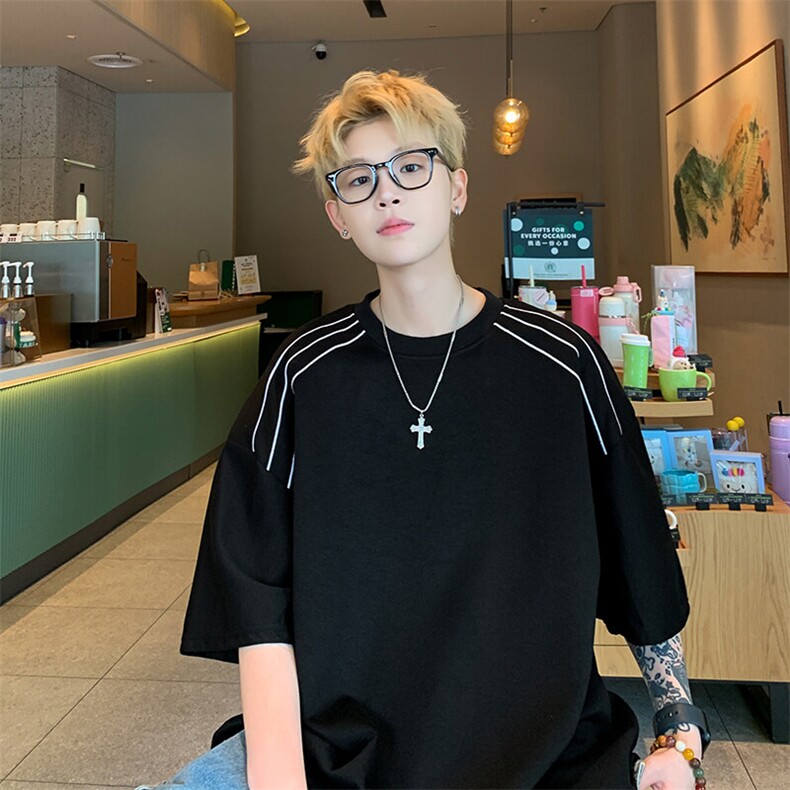 美式潮牌垫肩短袖T恤男士夏季小众设计感半袖宽松休闲上衣服,男装T恤,星座410-7