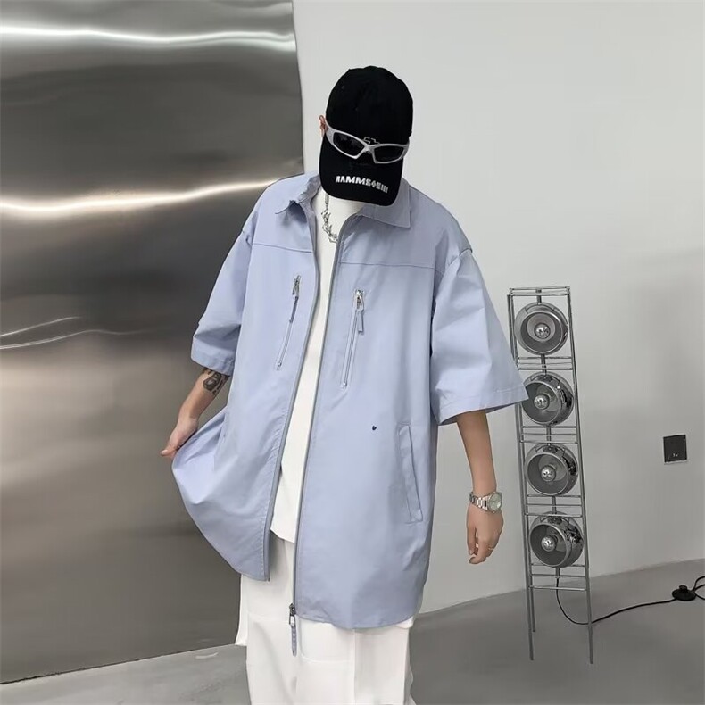 拉链设计感美式高街衬衫男女宽松短袖潮牌夏复古翻领上衣C360,男装衬衫,星座1116A-1（原606A）